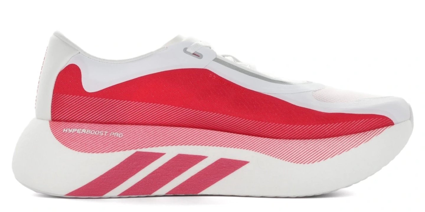 Adidas Adizero Hyperboost Pro running shoe in white and red with three-stripe midsole detail, lateral view