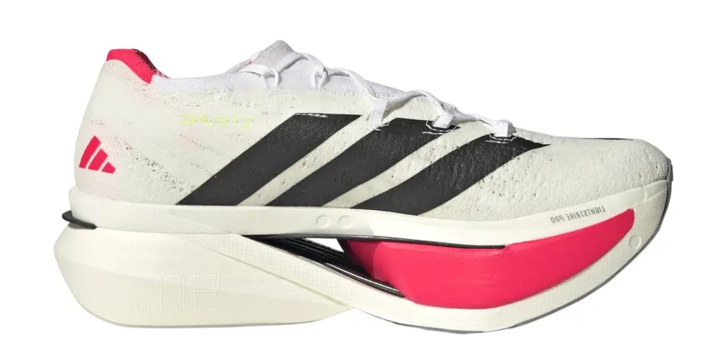 Adidas Adizero 3 running shoe in white with black three stripes and pink Lightstrike Pro midsole, lateral view