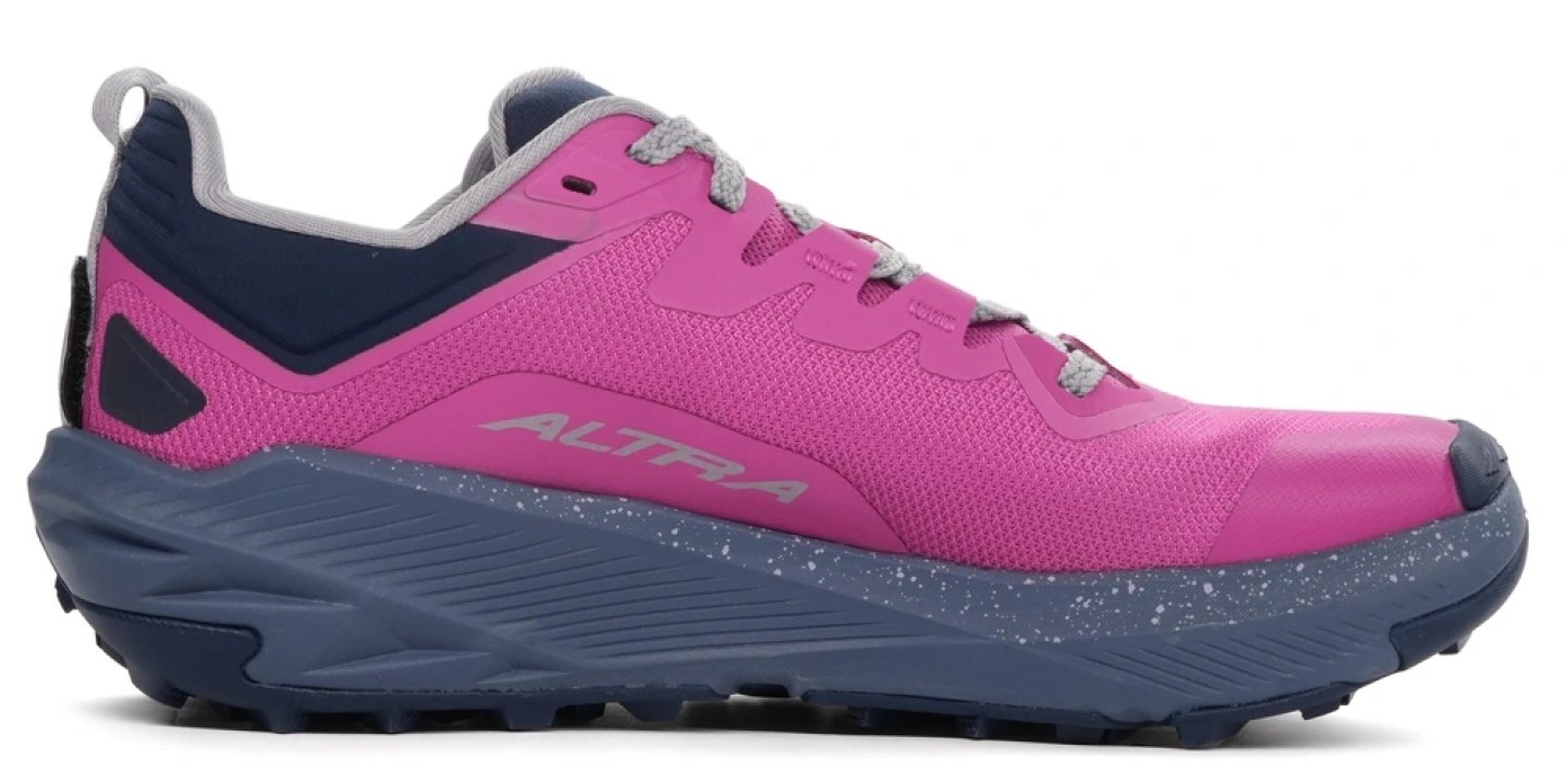 Altra women's trail running shoe in pink and navy blue with cushioned midsole and lugged rubber outsole, lateral view