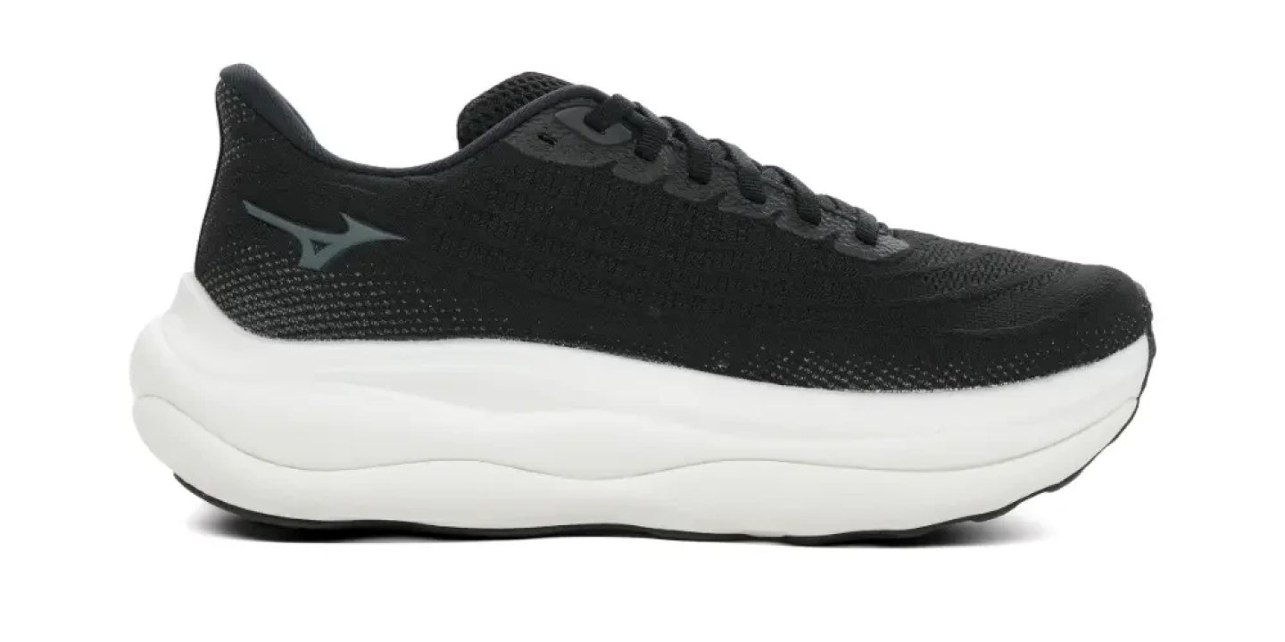 Mizuno Wave Rider 9 running shoe in black with white midsole, lateral side view on white background