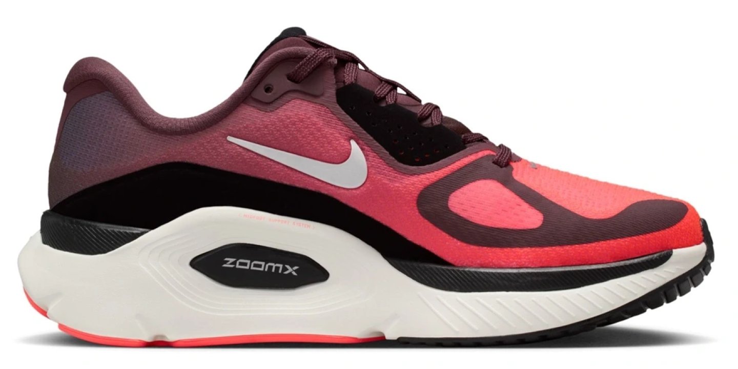 Nike ZoomX running shoe in coral pink and burgundy with white foam midsole and black outsole, lateral view