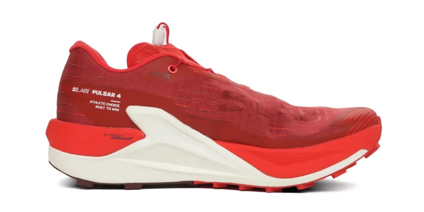 Salomon S/Lab Pulsar 4 trail running shoe in red and white with Energy Foam midsole, lateral side view