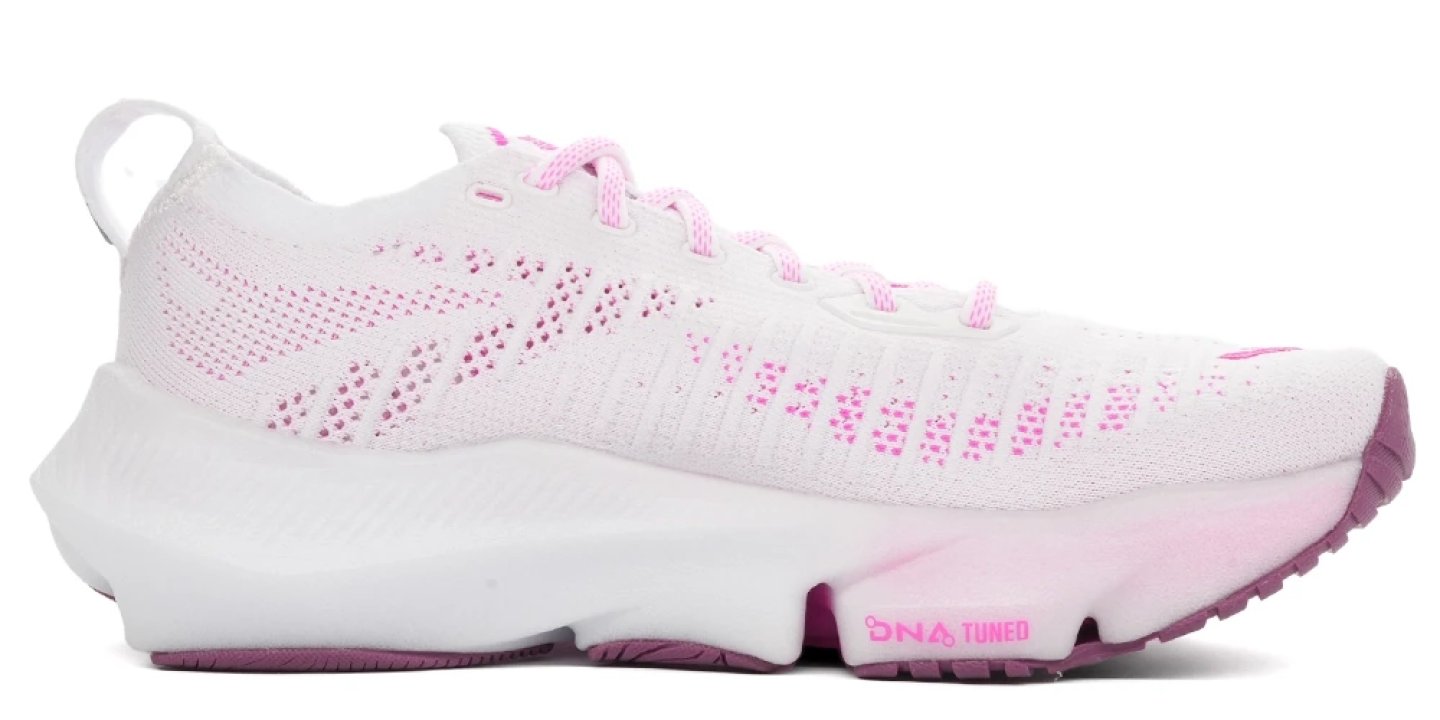 Women's white and pink Under Armour Flow Velociti Wind 3 running shoe with knit upper and DNA Tuned midsole, lateral view