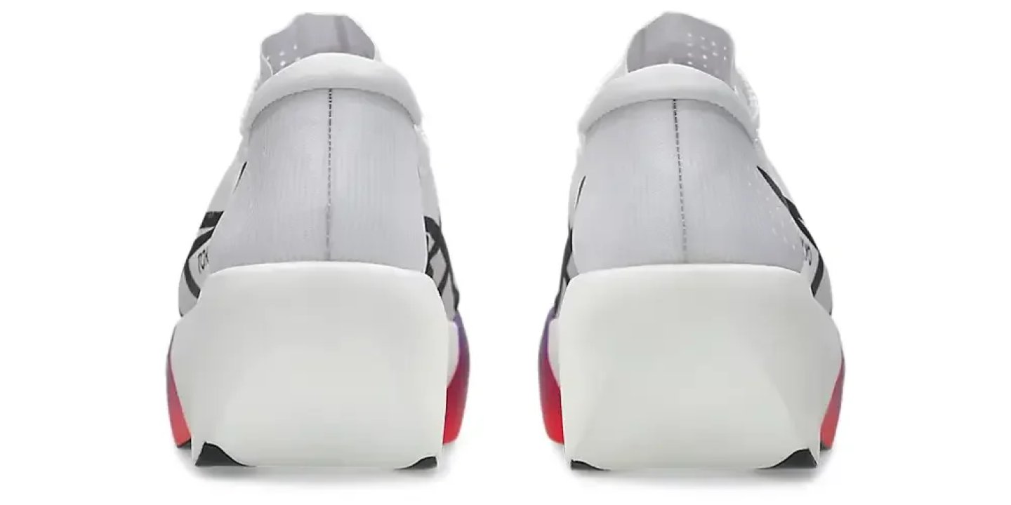 Rear view of a pair of ASICS running shoes with white upper, thick white midsole, and purple-to-red gradient outsole.